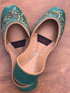 Green Handmade Leather Khussa – Fancy Embroidered Women’s Footwear by Zuruf &nbsp;